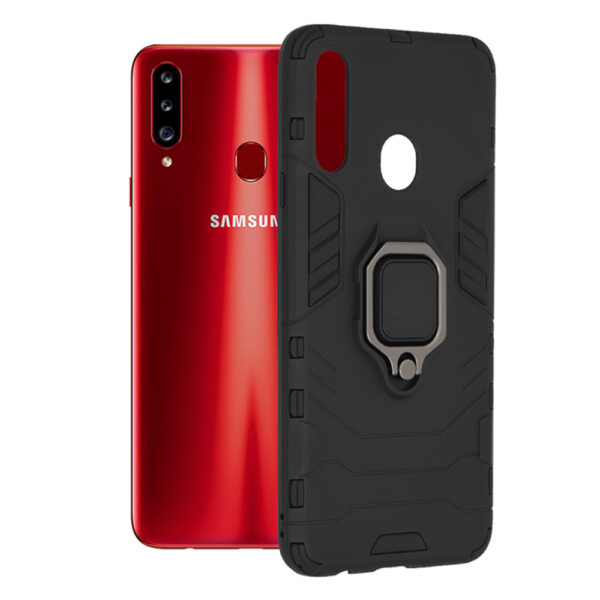 Husa COMANDO Armor Ring compatibila cu Samsung Galaxy A20s, Tactical Defense Protect, Hybrid Antishock, Placuta metalica integrata pentru prindere suport auto, Inel rotativ 360 grade, PVC si PC, Negru