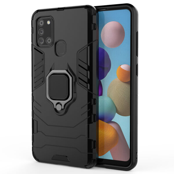 Husa COMANDO Armor Ring compatibila cu Samsung Galaxy A21s, Tactical Defense Protect, Hybrid Antishock, Placuta metalica integrata pentru prindere suport auto, Inel rotativ 360 grade, PVC si PC, Negru