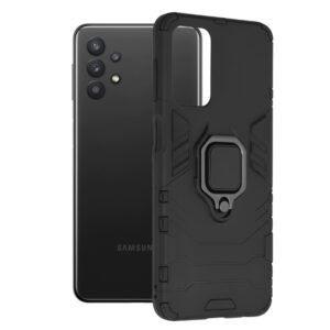 Husa COMANDO Armor Ring compatibila cu Samsung Galaxy A32 5G, Tactical Defense Protect, Hybrid Antishock, Placuta metalica integrata pentru prindere suport auto, Inel rotativ 360 grade, PVC si PC, Negru