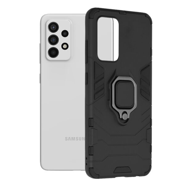 Husa COMANDO Armor Ring compatibila cu Samsung Galaxy A52/ A52S, Tactical Defense Protect, Hybrid Antishock, Placuta metalica integrata pentru prindere suport auto, Inel rotativ 360 grade, PVC si PC, Negru