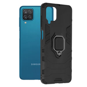 Husa COMANDO Armor Ring compatibila cu Samsung Galaxy A12/ A12 Nacho, Tactical Defense Protect, Hybrid Antishock, Placuta metalica integrata pentru prindere suport auto, Inel rotativ 360 grade, PVC si PC, Negru