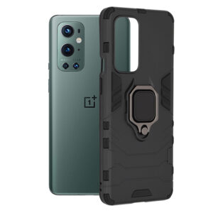 Husa COMANDO Armor Ring compatibila cu OnePlus 9 Pro, Tactical Defense Protect, Hybrid Antishock, Placuta metalica integrata pentru prindere suport auto, Inel rotativ 360 grade, PVC si PC, Negru