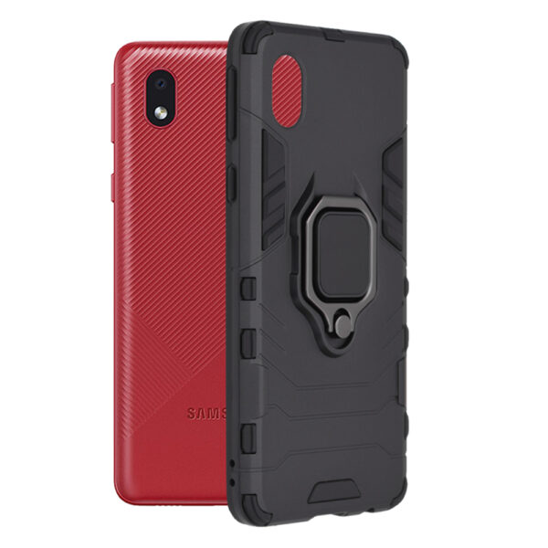 Husa COMANDO Armor Ring compatibila cu Samsung Galaxy A01 Core/ M01 Core, Tactical Defense Protect, Hybrid Antishock, Placuta metalica integrata pentru prindere suport auto, Inel rotativ 360 grade, PVC si PC, Negru