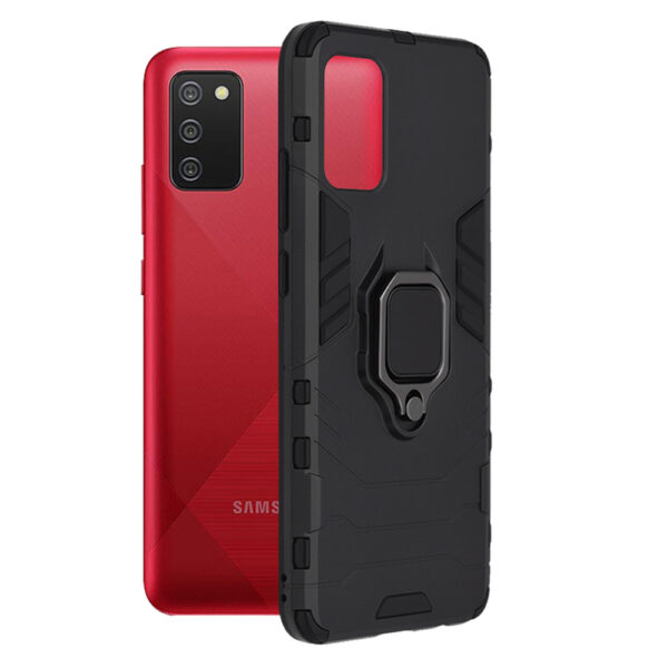 Husa COMANDO Armor Ring compatibila cu Samsung Galaxy A02s, Tactical Defense Protect, Hybrid Antishock, Placuta metalica integrata pentru prindere suport auto, Inel rotativ 360 grade, PVC si PC, Negru