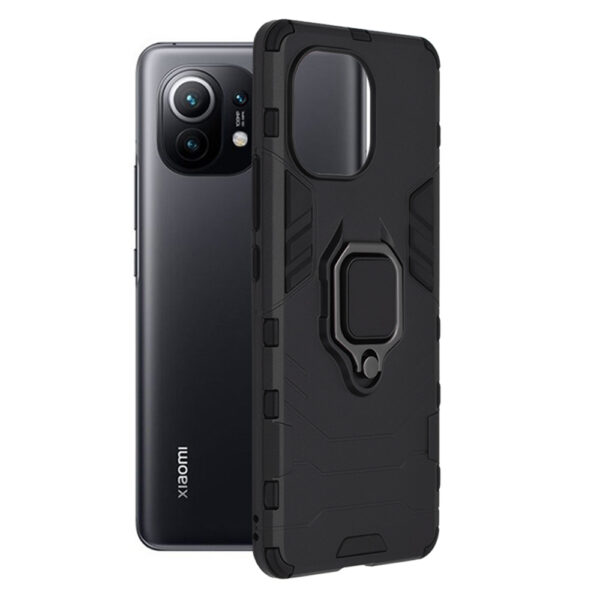 Husa COMANDO Armor Ring compatibila cu Xiaomi Mi 11, Tactical Defense Protect, Hybrid Antishock, Placuta metalica integrata pentru prindere suport auto, Inel rotativ 360 grade, PVC si PC, Negru