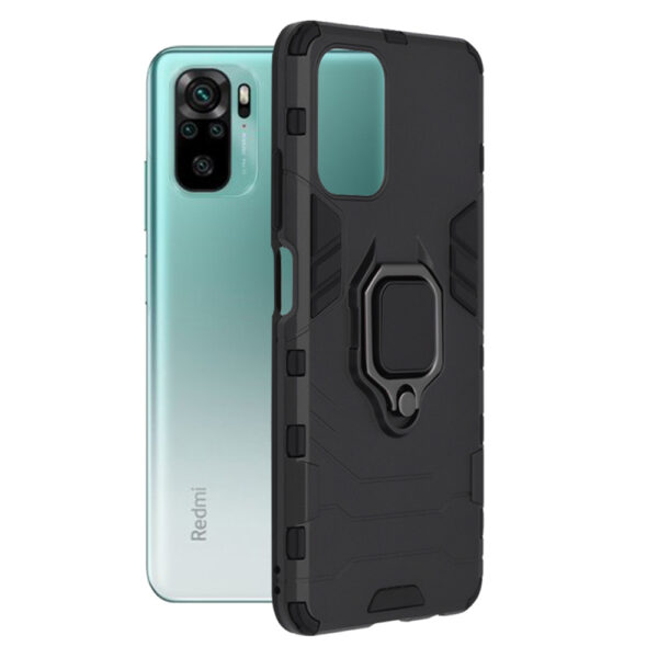 Husa COMANDO Armor Ring compatibila cu Xiaomi Redmi Note 10 4G/ Note 10S/ Poco M5s, Tactical Defense Protect, Hybrid Antishock, Placuta metalica integrata pentru prindere suport auto, Inel rotativ 360 grade, PVC si PC, Negru