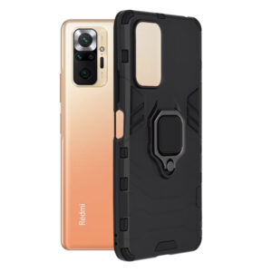 Husa COMANDO Armor Ring compatibila cu Xiaomi Redmi Note 10 Pro/ Note 10 Pro Max, Tactical Defense Protect, Hybrid Antishock, Placuta metalica integrata pentru prindere suport auto, Inel rotativ 360 grade, PVC si PC, Negru