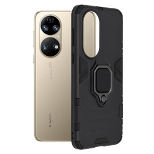 Husa COMANDO Armor Ring compatibila cu Huawei P50, Tactical Defense Protect, Hybrid Antishock, Placuta metalica integrata pentru prindere suport auto, Inel rotativ 360 grade, PVC si PC, Negru