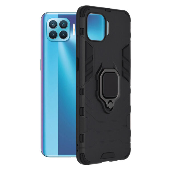 Husa COMANDO Armor Ring compatibila cu Oppo Reno4 Lite, Tactical Defense Protect, Hybrid Antishock, Placuta metalica integrata pentru prindere suport auto, Inel rotativ 360 grade, PVC si PC, Negru