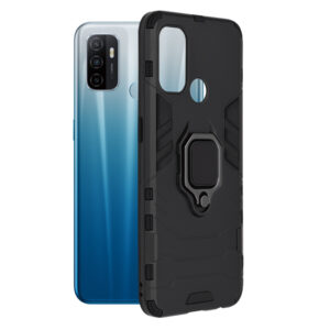 Husa COMANDO Armor Ring compatibila cu Oppo A53/ A53s, Tactical Defense Protect, Hybrid Antishock, Placuta metalica integrata pentru prindere suport auto, Inel rotativ 360 grade, PVC si PC, Negru