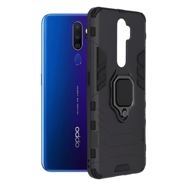 Husa COMANDO Armor Ring compatibila cu Oppo A9 2020, Tactical Defense Protect, Hybrid Antishock, Placuta metalica integrata pentru prindere suport auto, Inel rotativ 360 grade, PVC si PC, Negru