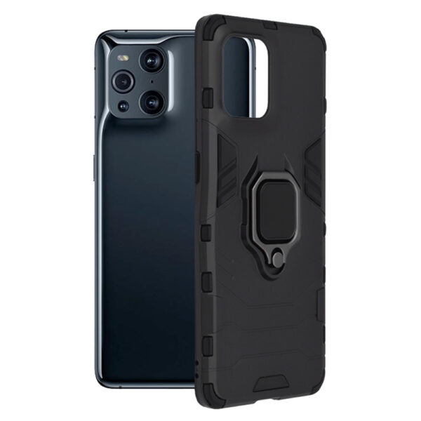 Husa COMANDO Armor Ring compatibila cu Oppo Find X3 Pro/ Find X3, Tactical Defense Protect, Hybrid Antishock, Placuta metalica integrata pentru prindere suport auto, Inel rotativ 360 grade, PVC si PC, Negru