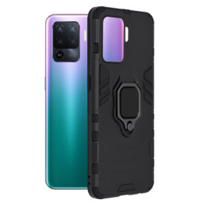 Husa COMANDO Armor Ring compatibila cu Oppo Reno5 Lite/ A94 4G, Tactical Defense Protect, Hybrid Antishock, Placuta metalica integrata pentru prindere suport auto, Inel rotativ 360 grade, PVC si PC, Negru