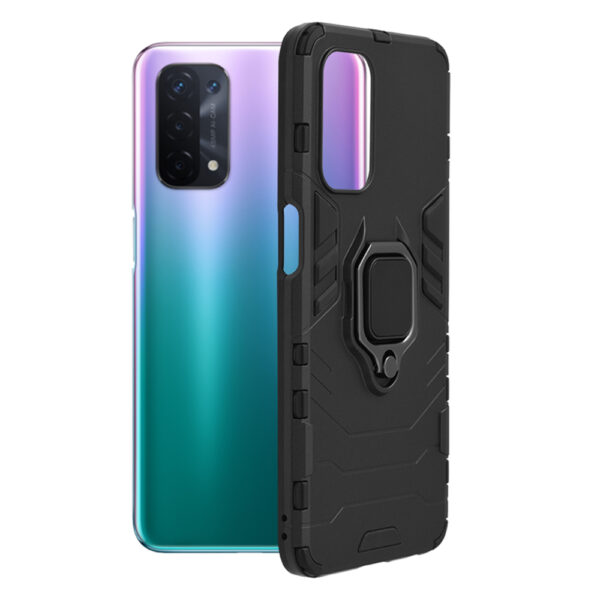 Husa COMANDO Armor Ring compatibila cu Oppo A54 5G/ A74 5G/ OnePlus Nord N200 5G, Tactical Defense Protect, Hybrid Antishock, Placuta metalica integrata pentru prindere suport auto, Inel rotativ 360 grade, PVC si PC, Negru