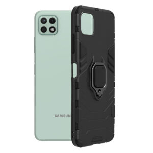 Husa COMANDO Armor Ring compatibila cu Samsung Galaxy A22 5G, Tactical Defense Protect, Hybrid Antishock, Placuta metalica integrata pentru prindere suport auto, Inel rotativ 360 grade, PVC si PC, Negru