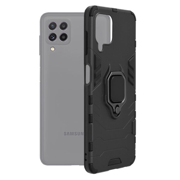 Husa COMANDO Armor Ring compatibila cu Samsung Galaxy A22 4G, Tactical Defense Protect, Hybrid Antishock, Placuta metalica integrata pentru prindere suport auto, Inel rotativ 360 grade, PVC si PC, Negru