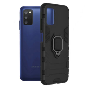 Husa COMANDO Armor Ring compatibila cu Samsung Galaxy A03s, Tactical Defense Protect, Hybrid Antishock, Placuta metalica integrata pentru prindere suport auto, Inel rotativ 360 grade, PVC si PC, Negru