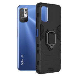 Husa COMANDO Armor Ring compatibila cu Xiaomi Redmi Note 10 5G/ Poco M3 Pro 5G, Tactical Defense Protect, Hybrid Antishock, Placuta metalica integrata pentru prindere suport auto, Inel rotativ 360 grade, PVC si PC, Negru