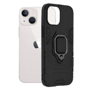 Husa COMANDO Armor Ring compatibila cu iPhone 13 mini, Tactical Defense Protect, Hybrid Antishock, Placuta metalica integrata pentru prindere suport auto, Inel rotativ 360 grade, PVC si PC, Negru