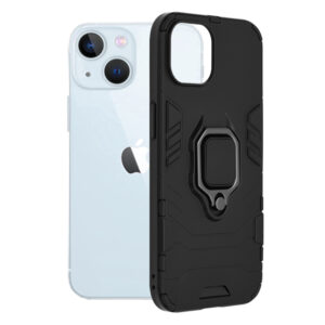 Husa COMANDO Armor Ring compatibila cu iPhone 13, Tactical Defense Protect, Hybrid Antishock, Placuta metalica integrata pentru prindere suport auto, Inel rotativ 360 grade, PVC si PC, Negru