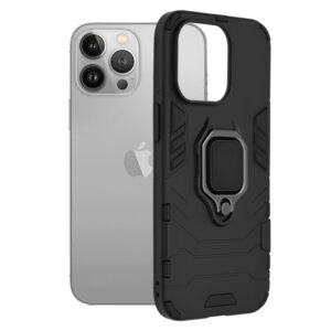 Husa COMANDO Armor Ring compatibila cu iPhone 13 Pro, Tactical Defense Protect, Hybrid Antishock, Placuta metalica integrata pentru prindere suport auto, Inel rotativ 360 grade, PVC si PC, Negru