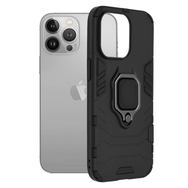 Husa COMANDO Armor Ring compatibila cu iPhone 13 Pro, Tactical Defense Protect, Hybrid Antishock, Placuta metalica integrata pentru prindere suport auto, Inel rotativ 360 grade, PVC si PC, Negru