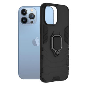 Husa COMANDO Armor Ring compatibila cu iPhone 13 Pro Max, Tactical Defense Protect, Hybrid Antishock, Placuta metalica integrata pentru prindere suport auto, Inel rotativ 360 grade, PVC si PC, Negru