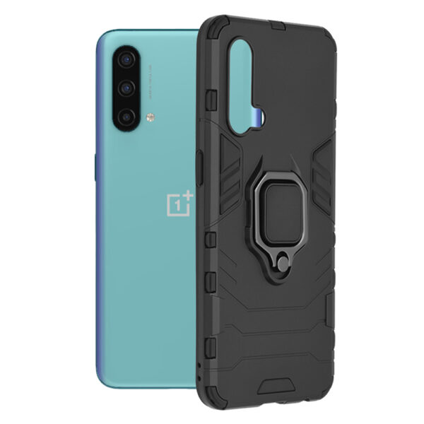 Husa COMANDO Armor Ring compatibila cu OnePlus Nord CE 5G, Tactical Defense Protect, Hybrid Antishock, Placuta metalica integrata pentru prindere suport auto, Inel rotativ 360 grade, PVC si PC, Negru