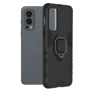 Husa COMANDO Armor Ring compatibila cu OnePlus Nord 2 5G, Tactical Defense Protect, Hybrid Antishock, Placuta metalica integrata pentru prindere suport auto, Inel rotativ 360 grade, PVC si PC, Negru