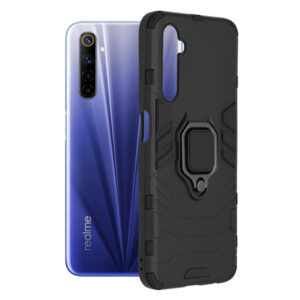 Husa COMANDO Armor Ring compatibila cu Realme 6/ 6S, Tactical Defense Protect, Hybrid Antishock, Placuta metalica integrata pentru prindere suport auto, Inel rotativ 360 grade, PVC si PC, Negru