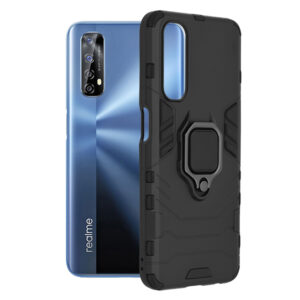 Husa COMANDO Armor Ring compatibila cu Realme 7 4G, Tactical Defense Protect, Hybrid Antishock, Placuta metalica integrata pentru prindere suport auto, Inel rotativ 360 grade, PVC si PC, Negru