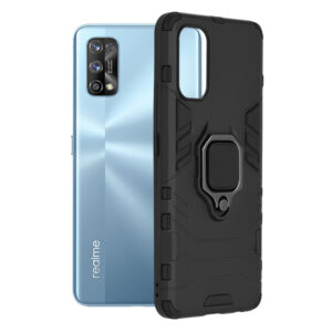 Husa COMANDO Armor Ring compatibila cu Realme 7 Pro, Tactical Defense Protect, Hybrid Antishock, Placuta metalica integrata pentru prindere suport auto, Inel rotativ 360 grade, PVC si PC, Negru