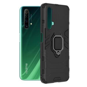 Husa COMANDO Armor Ring compatibila cu Realme X50 5G, Tactical Defense Protect, Hybrid Antishock, Placuta metalica integrata pentru prindere suport auto, Inel rotativ 360 grade, PVC si PC, Negru