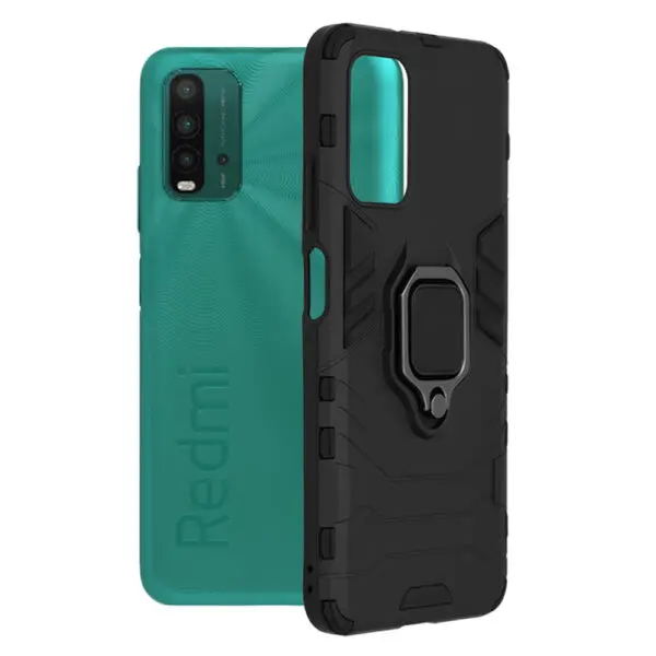 Husa COMANDO Armor Ring compatibila cu Xiaomi Redmi 9T/ Redmi 9 Power, Tactical Defense Protect, Hybrid Antishock, Placuta metalica integrata pentru prindere suport auto, Inel rotativ 360 grade, PVC si PC, Negru