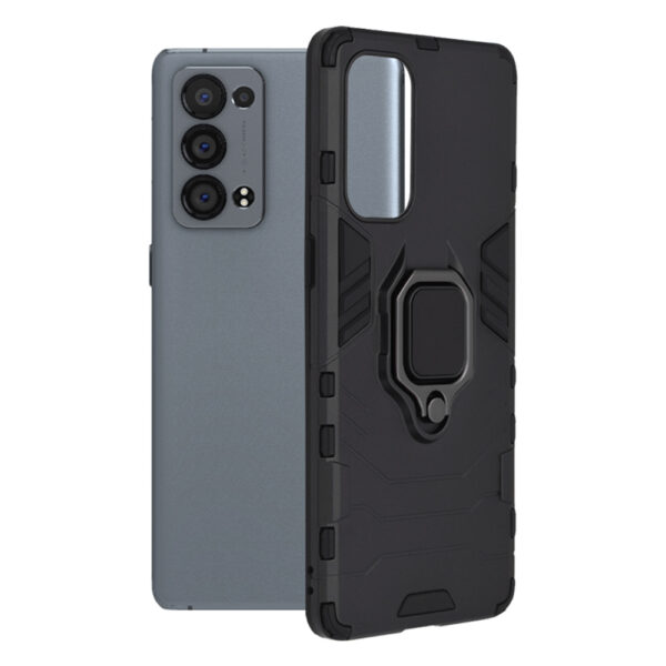 Husa COMANDO Armor Ring compatibila cu Oppo Reno6 Pro 5G (Snapdragon), Tactical Defense Protect, Hybrid Antishock, Placuta metalica integrata pentru prindere suport auto, Inel rotativ 360 grade, PVC si PC, Negru