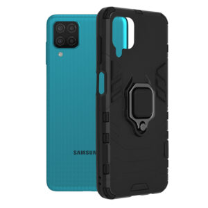 Husa COMANDO Armor Ring compatibila cu Samsung Galaxy M12/ F12, Tactical Defense Protect, Hybrid Antishock, Placuta metalica integrata pentru prindere suport auto, Inel rotativ 360 grade, PVC si PC, Negru