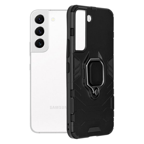 Husa COMANDO Armor Ring compatibila cu Samsung Galaxy S22 5G, Tactical Defense Protect, Hybrid Antishock, Placuta metalica integrata pentru prindere suport auto, Inel rotativ 360 grade, PVC si PC, Negru