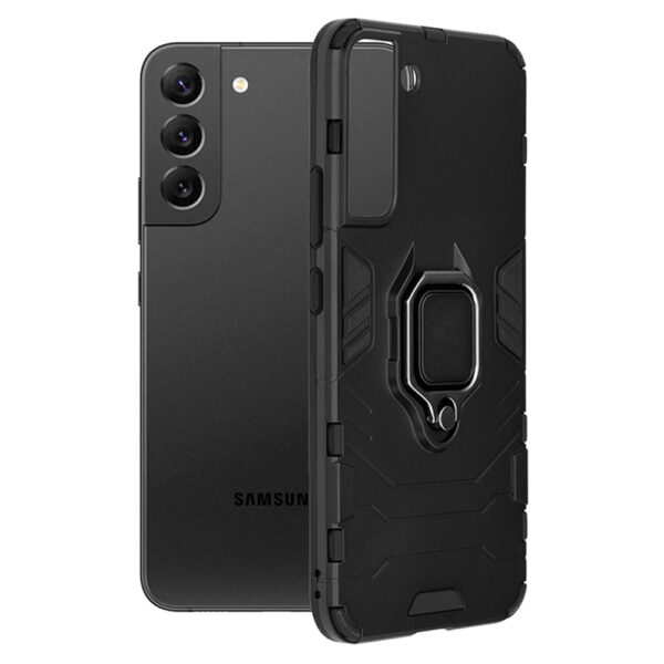 Husa COMANDO Armor Ring compatibila cu Samsung Galaxy S22 Plus 5G, Tactical Defense Protect, Hybrid Antishock, Placuta metalica integrata pentru prindere suport auto, Inel rotativ 360 grade, PVC si PC, Negru