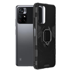 Husa COMANDO Armor Ring compatibila cu Xiaomi Poco M4 Pro 5G, Tactical Defense Protect, Hybrid Antishock, Placuta metalica integrata pentru prindere suport auto, Inel rotativ 360 grade, PVC si PC, Negru