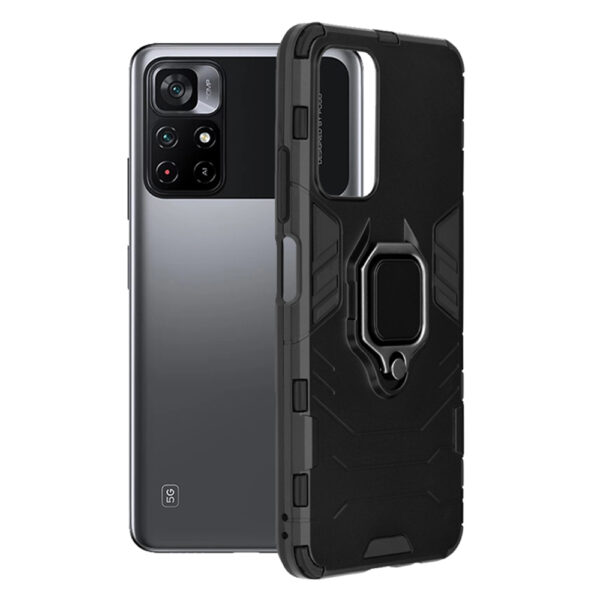 Husa COMANDO Armor Ring compatibila cu Xiaomi Poco M4 Pro 5G, Tactical Defense Protect, Hybrid Antishock, Placuta metalica integrata pentru prindere suport auto, Inel rotativ 360 grade, PVC si PC, Negru