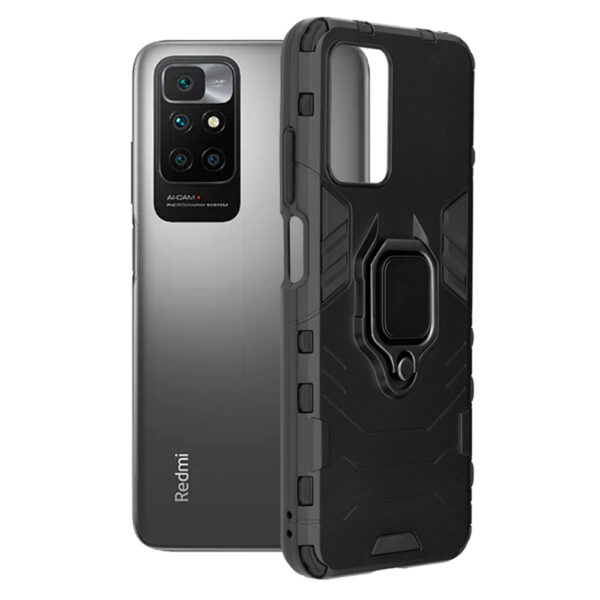 Husa COMANDO Armor Ring compatibila cu Xiaomi Redmi 10/ Redmi 10 2022, Tactical Defense Protect, Hybrid Antishock, Placuta metalica integrata pentru prindere suport auto, Inel rotativ 360 grade, PVC si PC, Negru