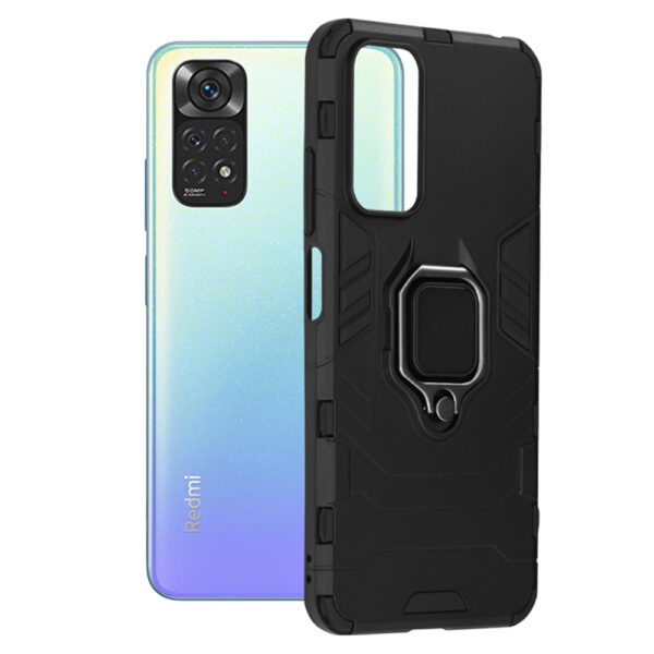 Husa COMANDO Armor Ring compatibila cu Xiaomi Redmi Note 11/ Note 11S Tactical Defense Protect, Hybrid Antishock, Placuta metalica integrata pentru prindere suport auto, Inel rotativ 360 grade, PVC si PC, Negru