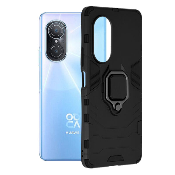 Husa COMANDO Armor Ring compatibila cu Huawei Nova 9 SE, Tactical Defense Protect, Hybrid Antishock, Placuta metalica integrata pentru prindere suport auto, Inel rotativ 360 grade, PVC si PC, Negru