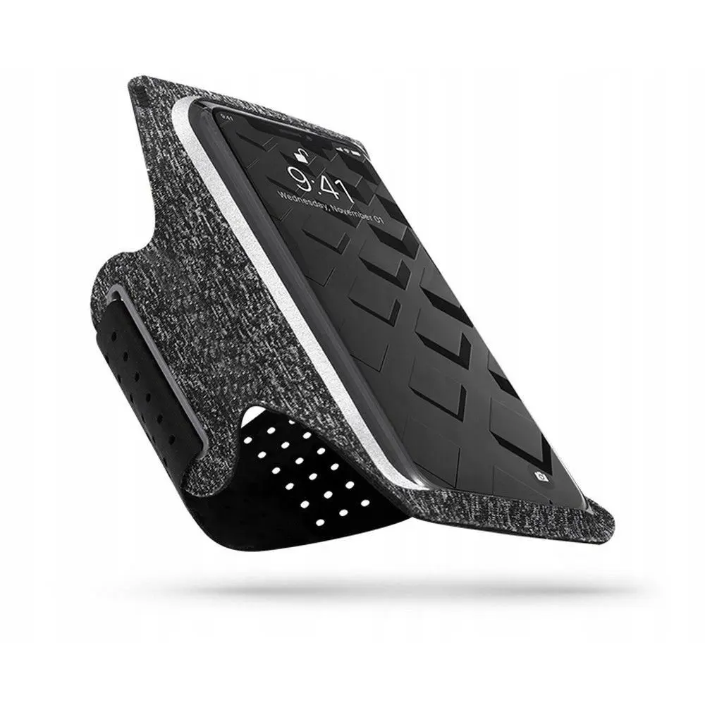 Husa sport, Universala, Tip banderola, Pentru brat / mana, Curea de brat cu velcro, Ideala pentru alergat, Compatibila cu telefoane de pana la 6.5 inch, Gri / Alb