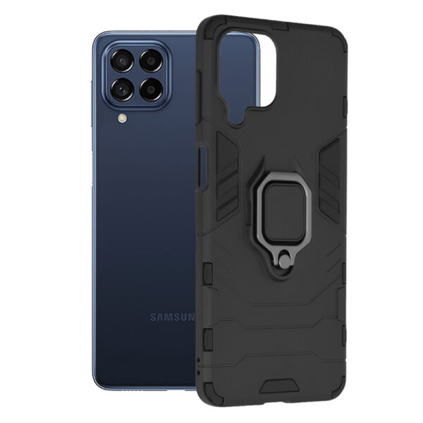 Husa COMANDO Armor Ring compatibila cu Samsung Galaxy M53, Tactical Defense Protect, Hybrid Antishock, Placuta metalica integrata pentru prindere suport auto, Inel rotativ 360 grade, PVC si PC, Negru