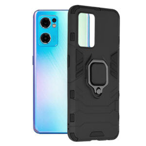 Husa COMANDO Armor Ring compatibila cu Oppo Find X5 Lite/ Reno7 5G, Tactical Defense Protect, Hybrid Antishock, Placuta metalica integrata pentru prindere suport auto, Inel rotativ 360 grade, PVC si PC, Negru