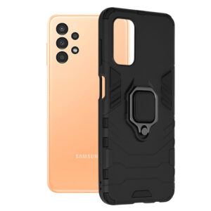 Husa COMANDO Armor Ring compatibila cu Samsung Galaxy A13 4G, Tactical Defense Protect, Hybrid Antishock, Placuta metalica integrata pentru prindere suport auto, Inel rotativ 360 grade, PVC si PC, Negru