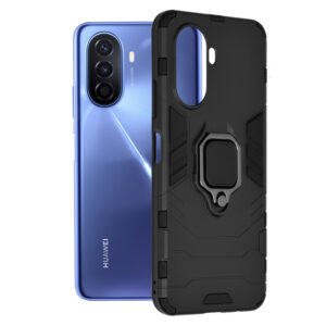 Husa COMANDO Armor Ring compatibila cu Huawei Nova Y70, Tactical Defense Protect, Hybrid Antishock, Placuta metalica integrata pentru prindere suport auto, Inel rotativ 360 grade, PVC si PC, Negru