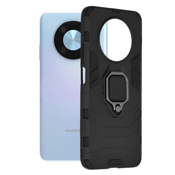 Husa COMANDO Armor Ring compatibila cu Huawei Nova Y90, Tactical Defense Protect, Hybrid Antishock, Placuta metalica integrata pentru prindere suport auto, Inel rotativ 360 grade, PVC si PC, Negru