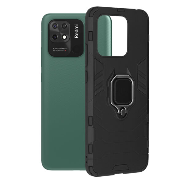 Husa COMANDO Armor Ring compatibila cu Xiaomi Redmi 10C, Tactical Defense Protect, Hybrid Antishock, Placuta metalica integrata pentru prindere suport auto, Inel rotativ 360 grade, PVC si PC, Negru